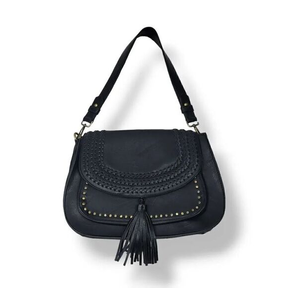 Antik Kraft Vegan Leather Studded Fringe Saddle Bag in Black - Picture 3 of 7